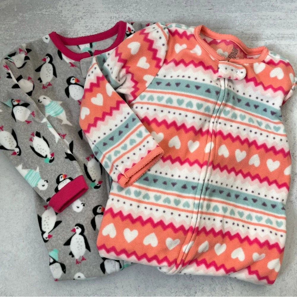Girls Carter's Fleece Footie Pajama Bundle 3T Penguins Hearts Warm Cozy
